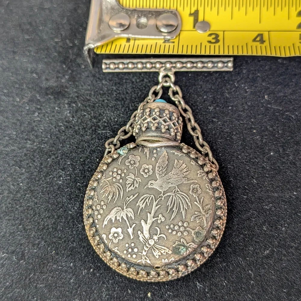 Vintage Victorian Silver Perfume scent Bottle Brooch metal Filigree Turquoise - Picture 6 of 8